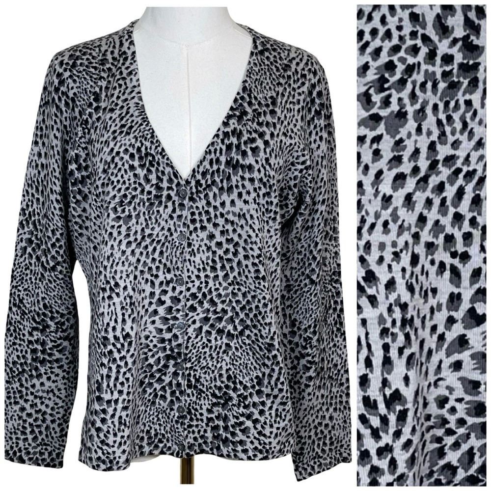 Charter Club Cardigan Sweater L Gray Leopard Print Wool Blend Classic Layering